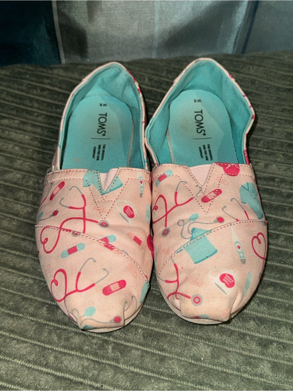 TOMS Pink Medical Print Canvas Slip-Ons with Teal Lining